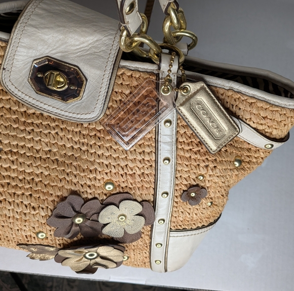 Coach Straw Floral Appliqué Tote Natalie Hampton 16763 Ivory Grey Stud Leather - Picture 7 of 16